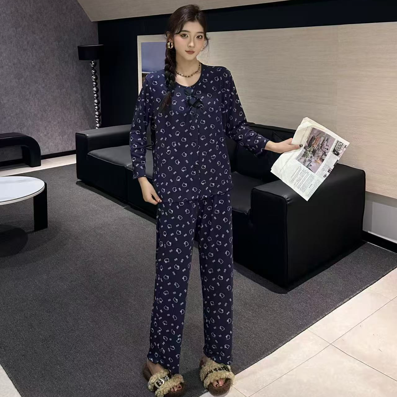 秋冬睡衣高弹大码宽松印花卡通休闲时尚女长袖长裤家居服套装#676