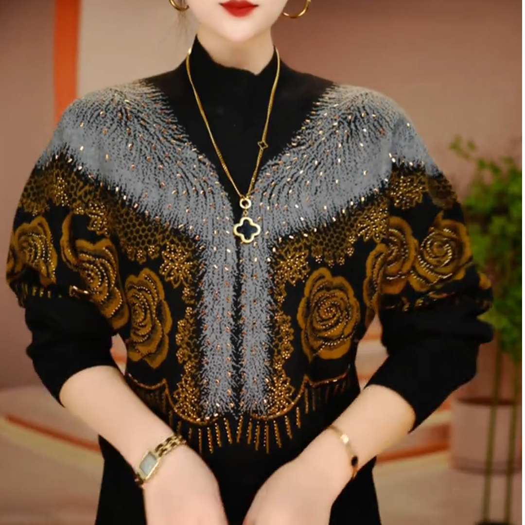 秋冬新款百搭显瘦减龄舒适透气女针织提花圆领衫上衣-A251105