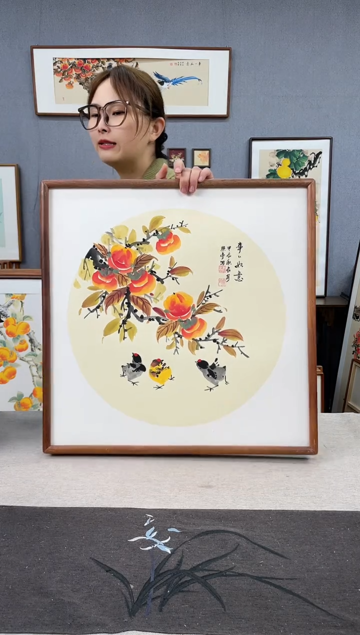 【闪购商品】国画贺照亭-纯手绘带框作品-52*52-柿子