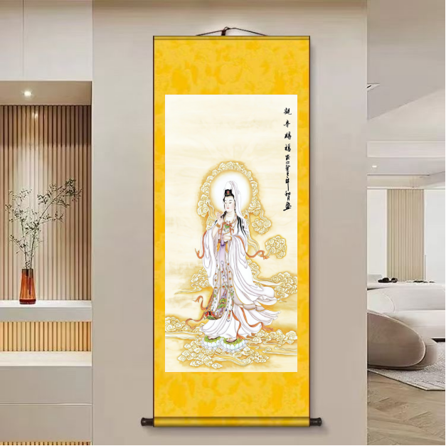 【观音赐福】160*60新中式竖幅实木卷轴画客厅书房茶室玄关挂画