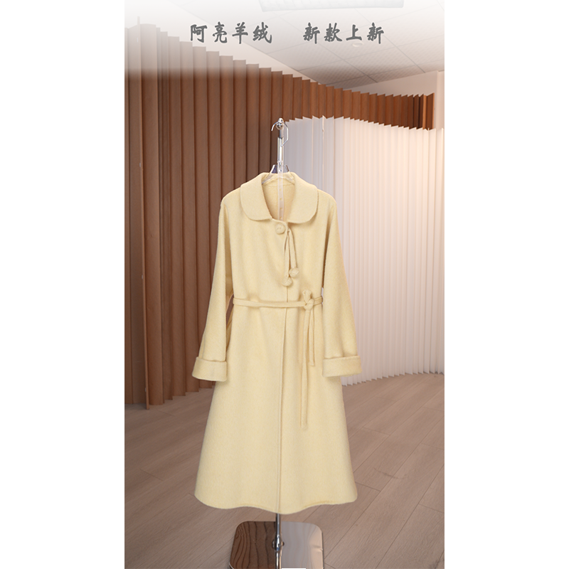 AL【赫本千金】羊驼毛女士长款荷叶领手工双面呢大衣韩版宽松中长款