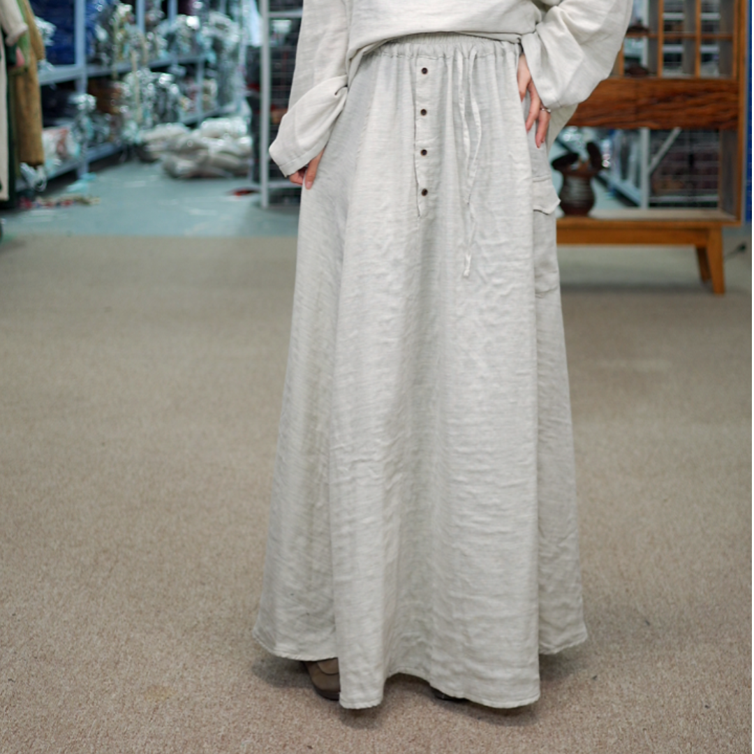 花璟与麻原创设计款松紧腰单排扣半身裙 （裙长92腰围72-120）