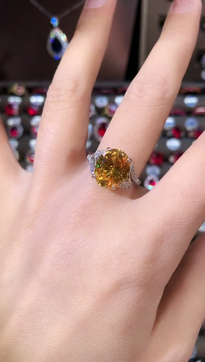 无925银满火彩金丝雀黄色戒指