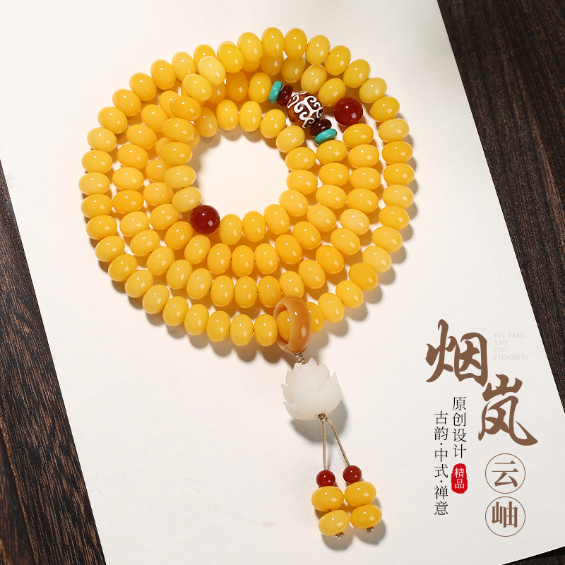 烟岚云岫  精挑108颗菩提手串雕刻莲花文玩念珠国风手持佛珠礼物