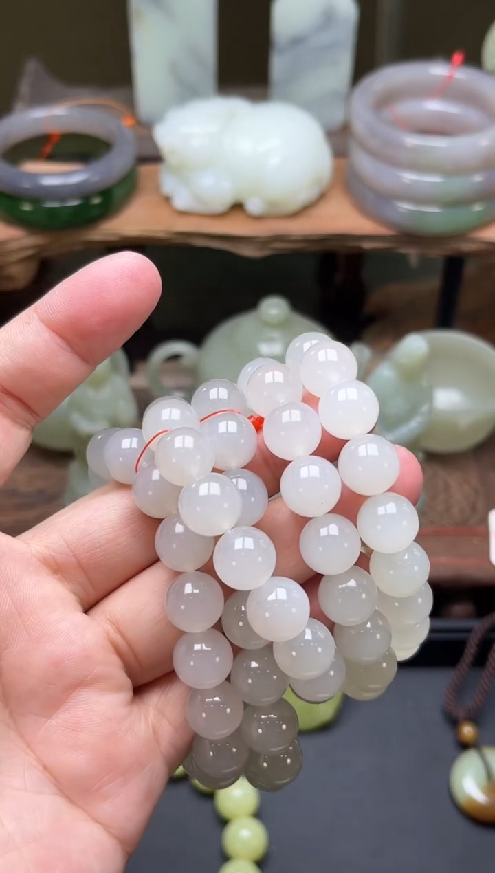【闪购商品】和田玉手串未镶嵌卡12青海白玉 圆珠 多样性发一