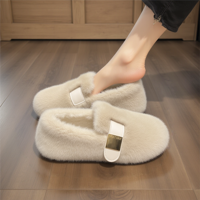 白色小香风水貂绒毛毛鞋女冬外穿雪地靴欧货一脚蹬豆豆鞋加绒棉鞋