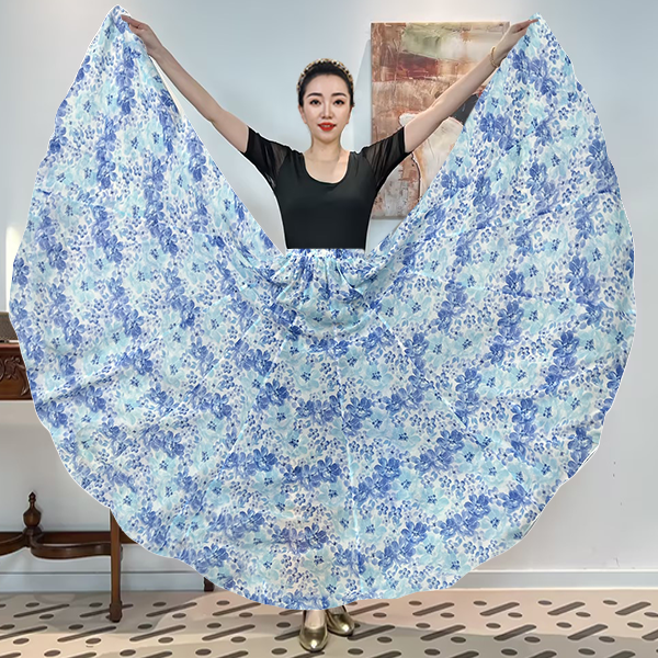 A《‌釉色印象》人丝混纺印满铺花时尚全松紧腰大摆半身裙带衬裙