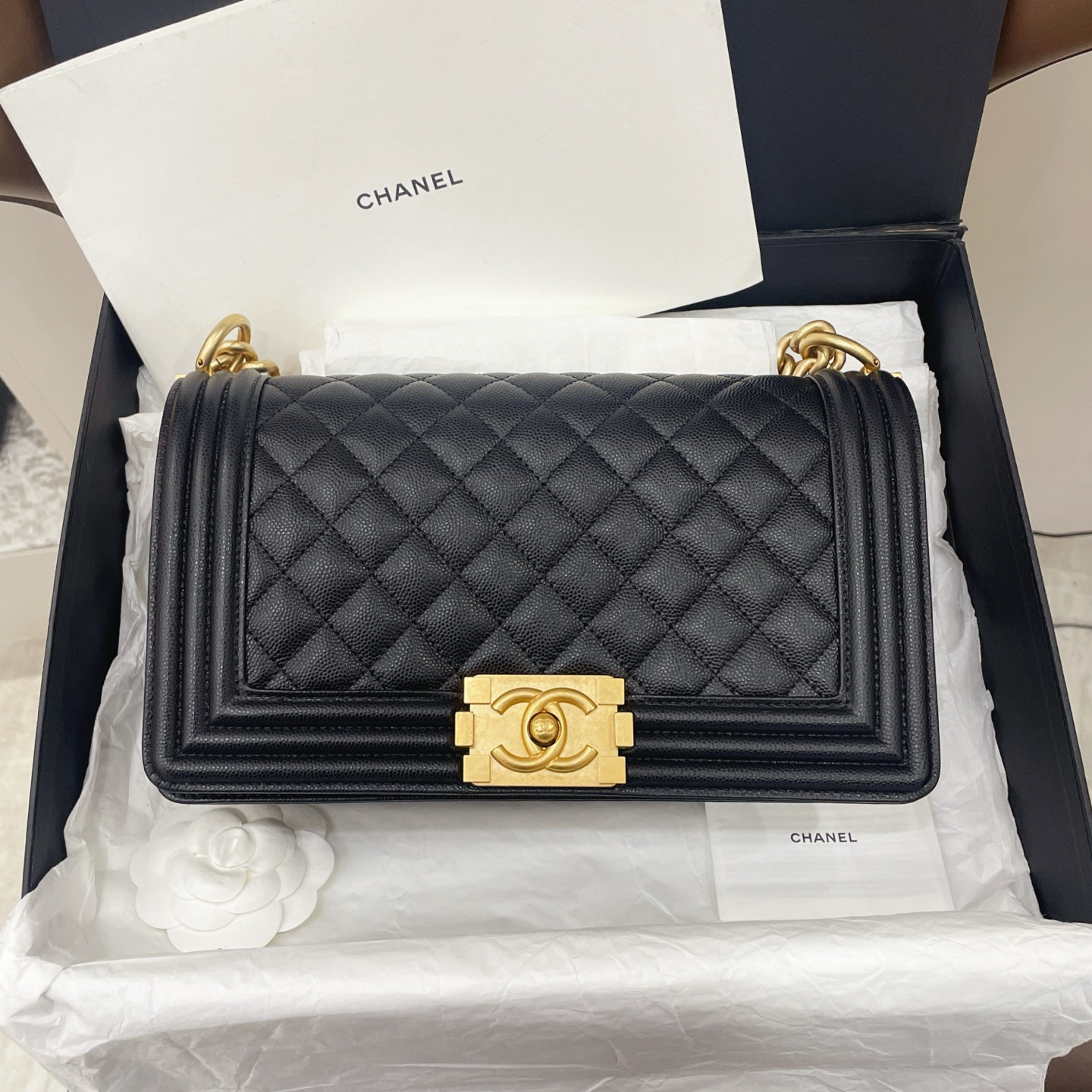 99新 Chanel/香奈儿 黑金扣leboy中号链条包芯片款