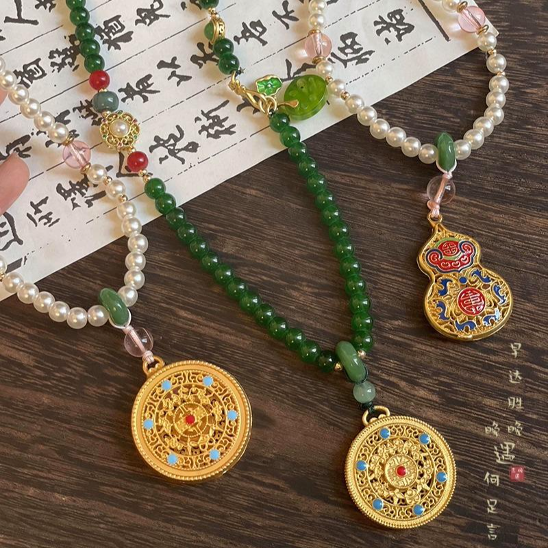 铜合金项链 新中式圆牌串珠项链女马面裙汉服旗袍毛衣链民族风潮 