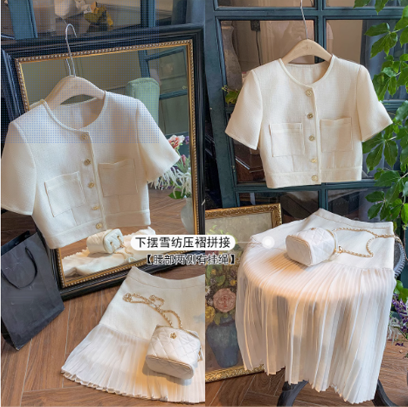 小香风高级感套装裙女2025夏季新款时尚雪纺拼接半身裙两件套裙装