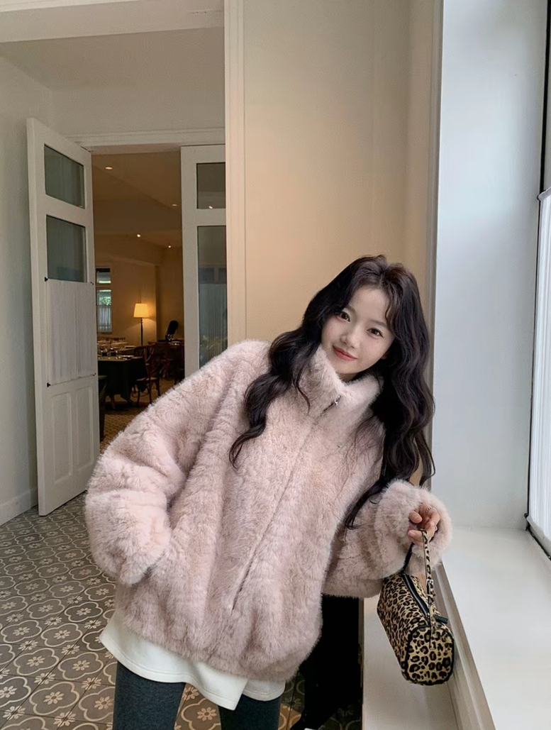 秋冬新款网红百搭气质毛毛外套女中长款韩版宽松毛绒上衣慵懒风