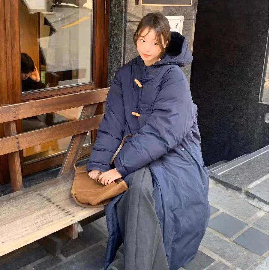 韩系单to*go*d25年冬季牛角扣连帽鹅绒羽绒服收腰长羽绒服658-y