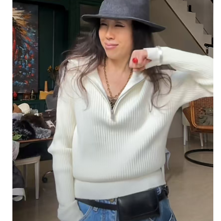 0251467立领半拉链针织衫 时尚简约个性百搭休闲舒适宽松减龄