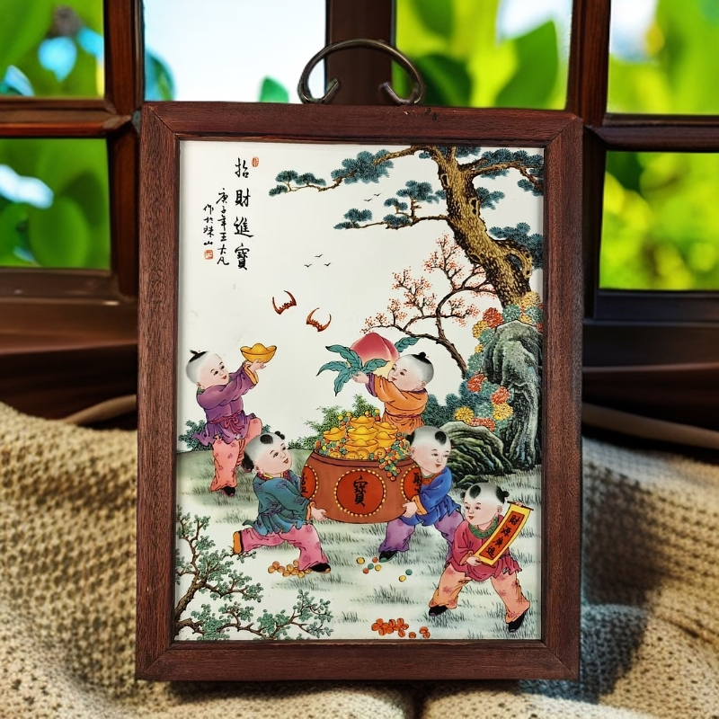 景德镇瓷板画柴窑烧制招财进宝王大凡37*29cm实木边框瓷器直播