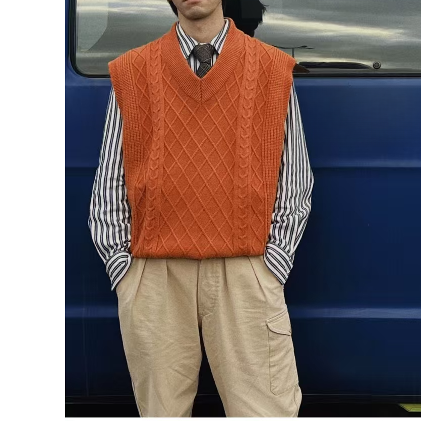 复古慵懒风宽松V领针织毛衣马甲背心6420（TX03）