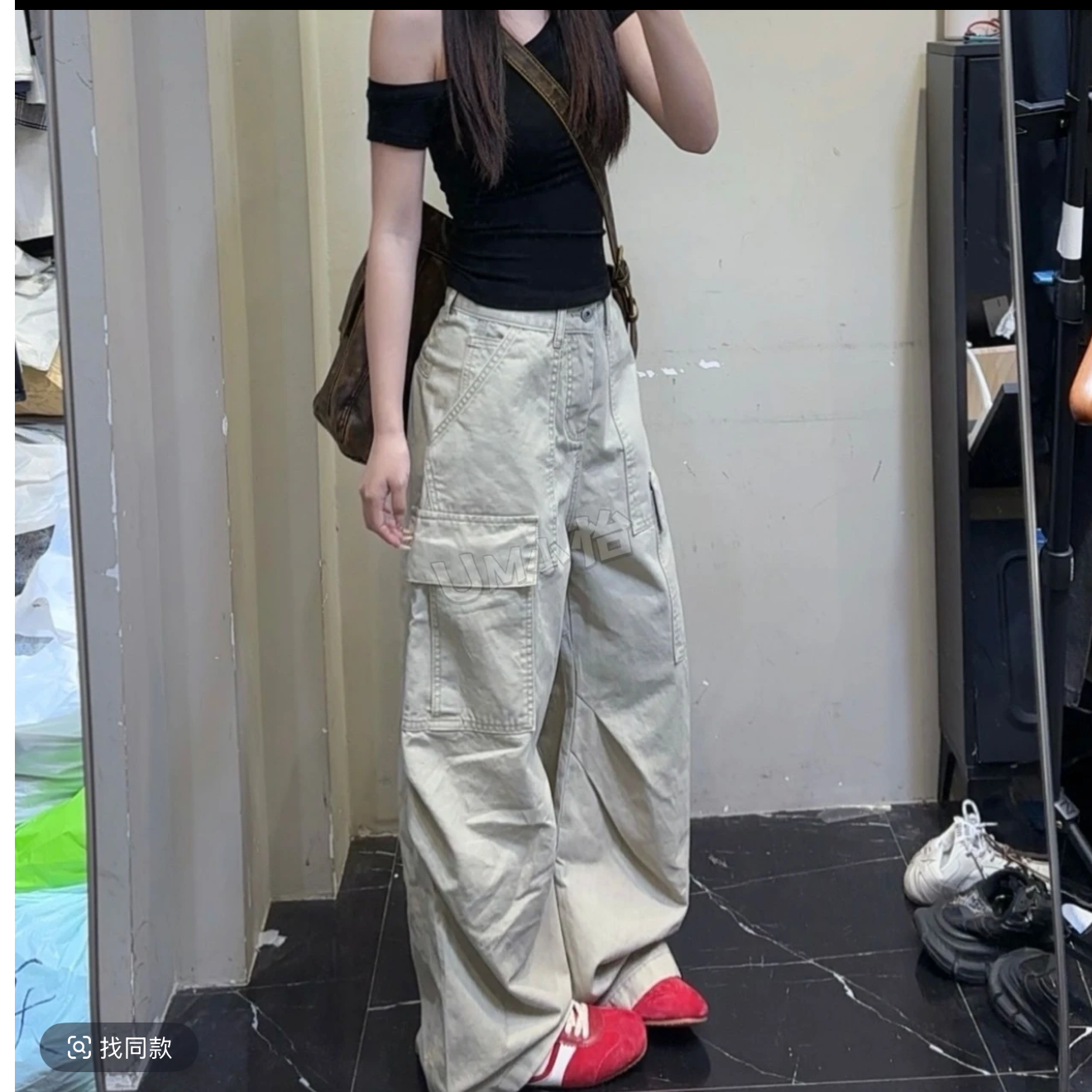  奶茶海盐工装裤/夏季美式宽松显瘦阔腿长裤女
