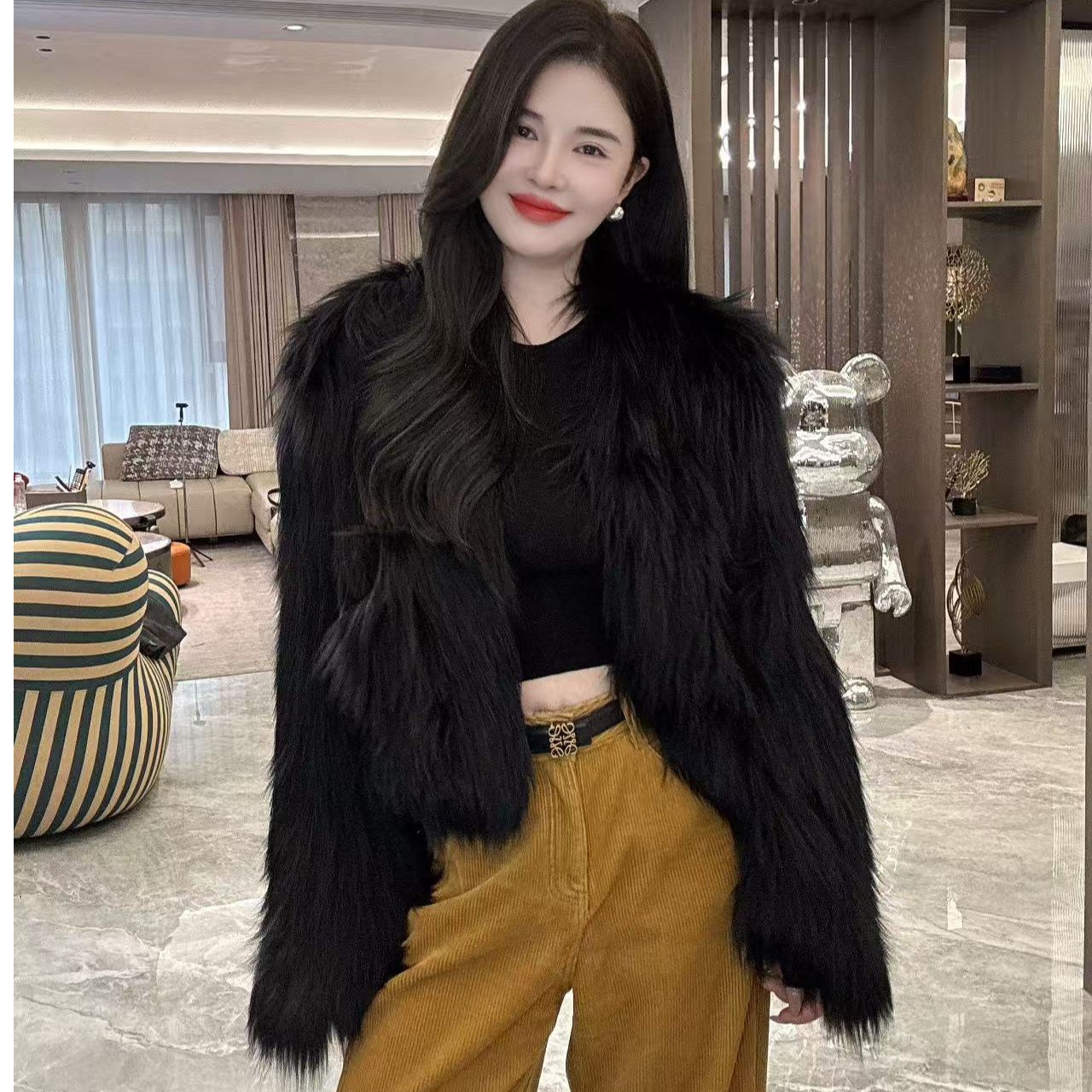 高端时尚纯色百搭耐看毛毛外套 百搭洋气经典毛毛外套