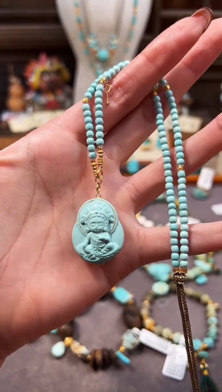 18K金镶嵌绿松石颈饰度母项链