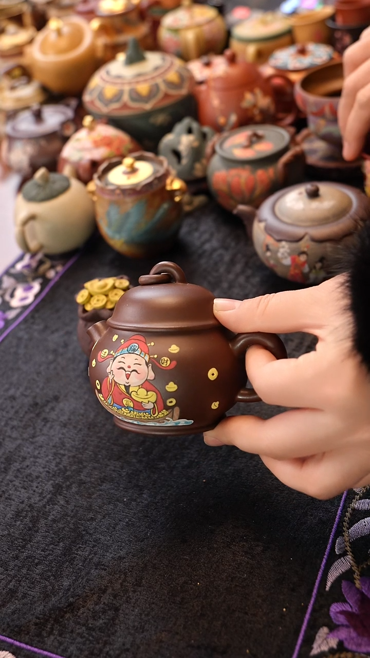 茶壶紫砂天青财神壶