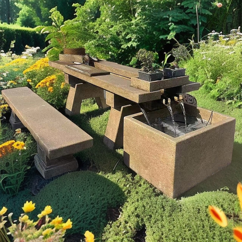 天然花岗岩创意户外亭院循环流水茶桌禅意功夫茶桌椅组合