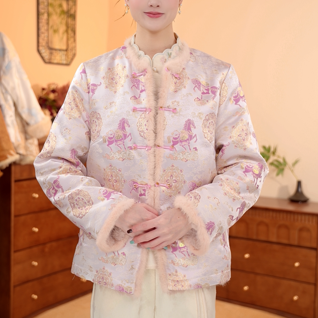 粉鎏瑞骥｜新中式国风加绒加厚水貂毛刺绣双面穿外套-6422