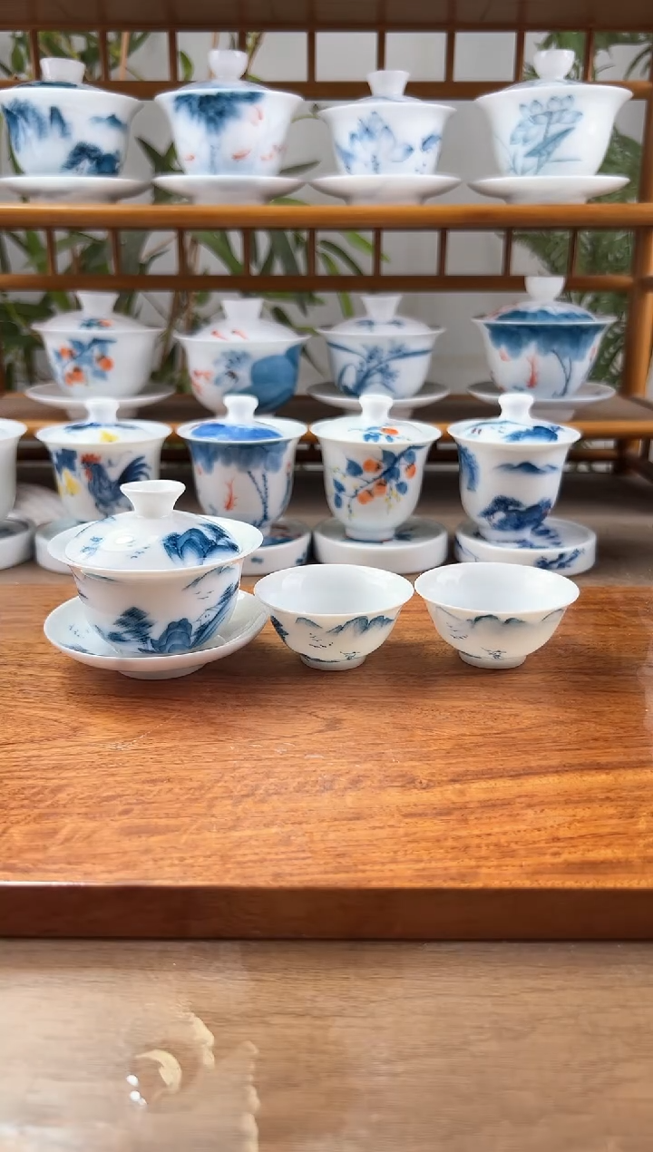 微瑕寒江独钓80ml三才盖碗+小玉兰杯2个