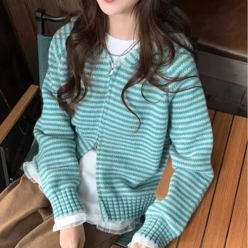 【运费险】韩系慵懒风毛衣秋季新款宽松加厚连帽条纹拉链针织外套