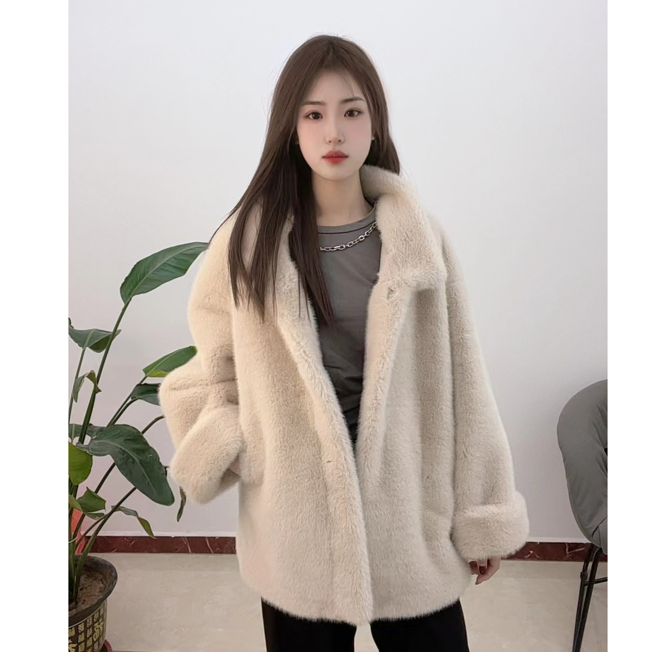 富家千金新款韩版挽袖百搭毛毛外套