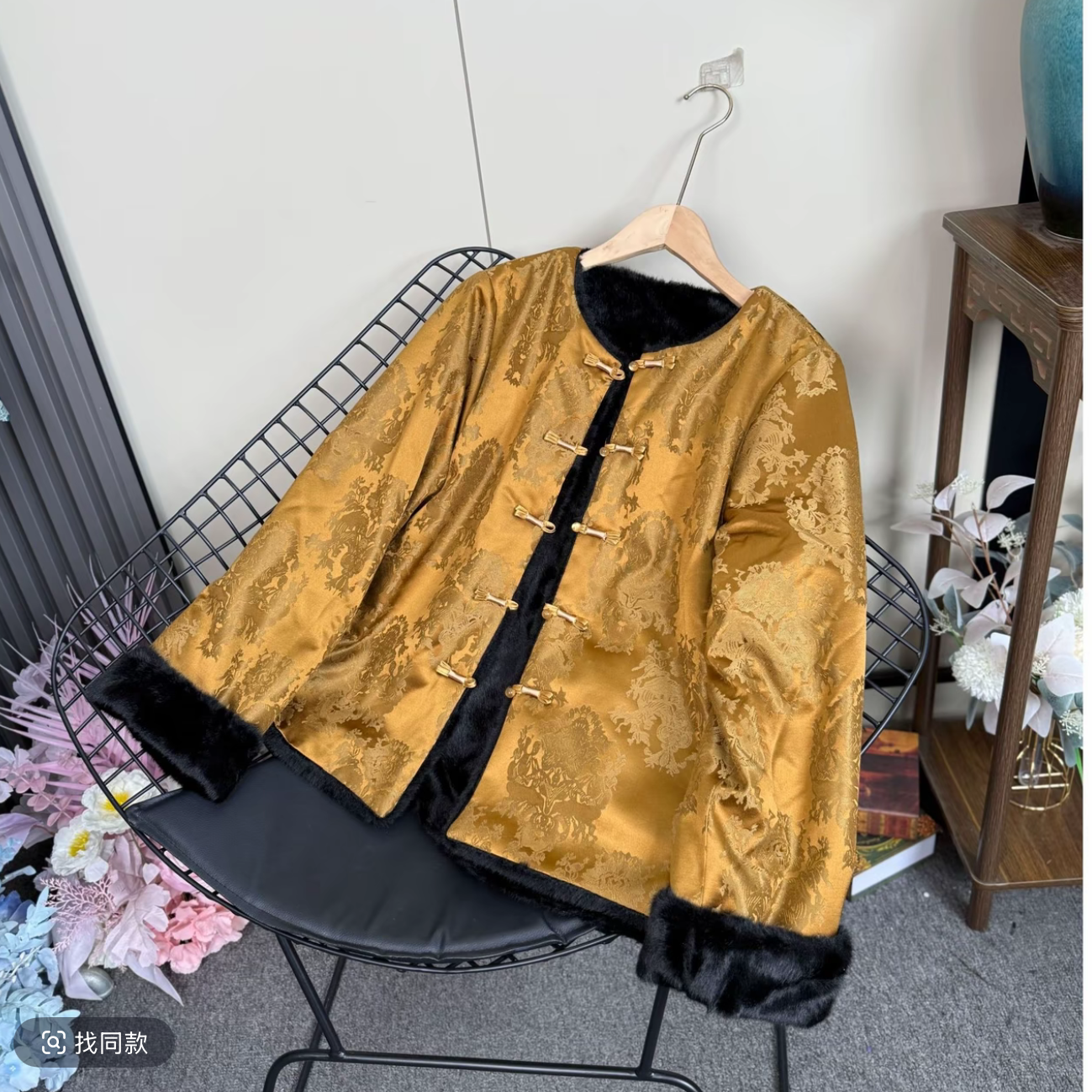 新中式时尚提花两面穿棉服直襟常规款加绒秋冬上衣圆领短款外套