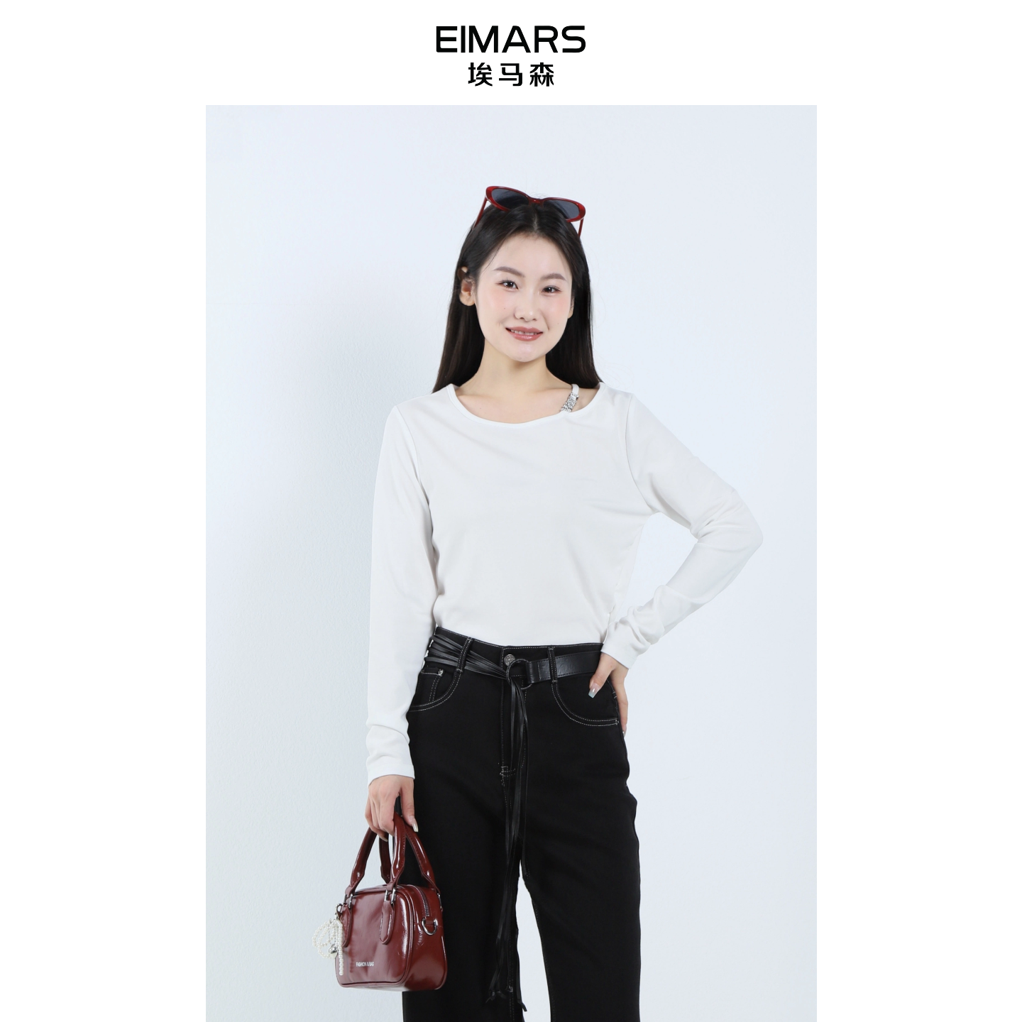 EIMARS埃马森美式设计感辣妹修身内搭斜肩长袖T恤21230003