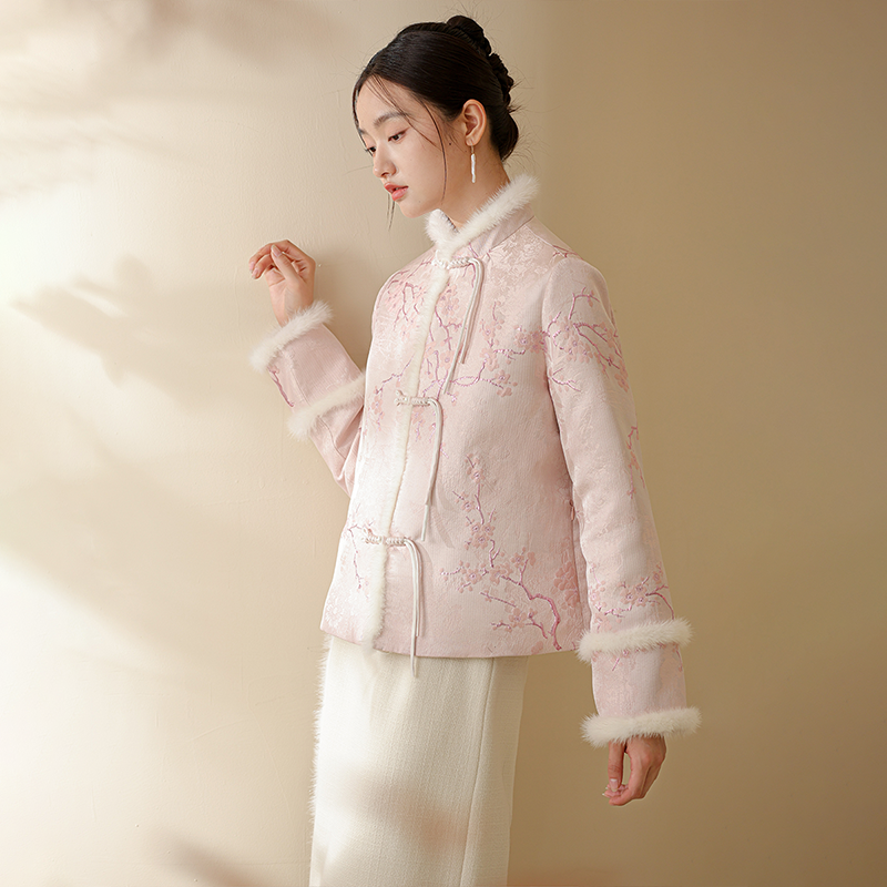 初蝉中国风秋冬新中式棉袄复古织金提花粉色唐装棉衣外套1202-N