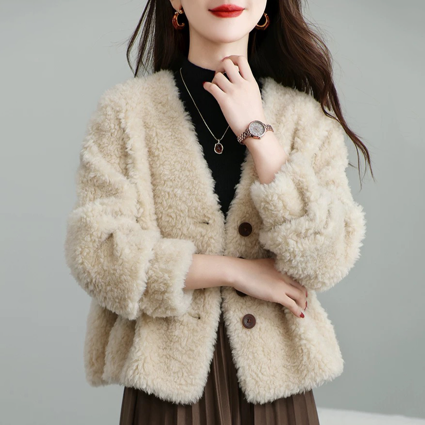 2025年秋冬季新款颗粒羊剪绒大衣女短款皮毛一体皮草外套韩版宽松