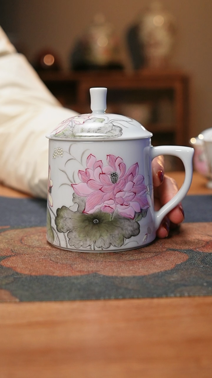 【闪购商品】诗逸瓷话粉墨彩荷花办公杯