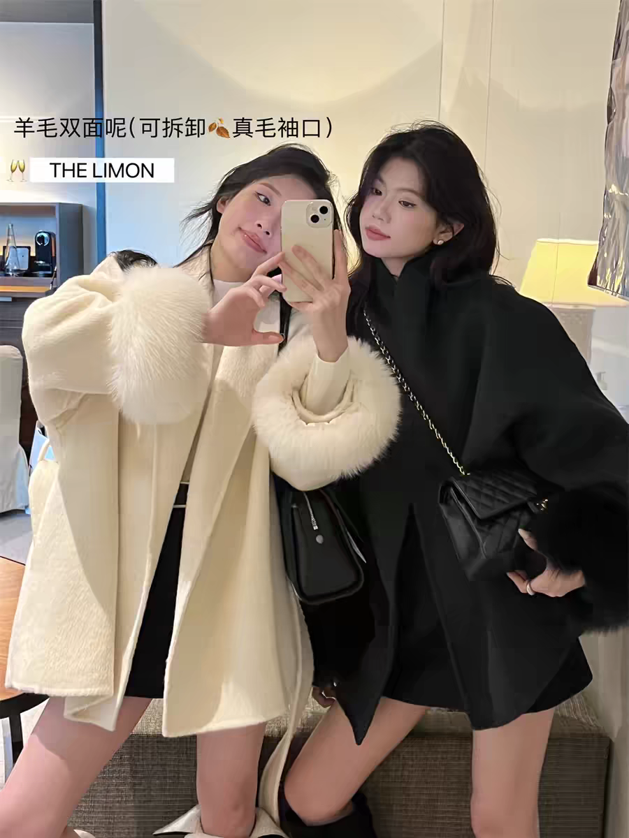网红时尚气质短款百搭大衣狐狸毛袖
