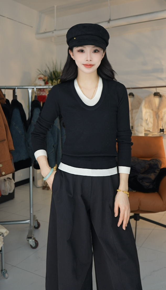 2025冬季新款主播上衣气质轻奢时尚针织内搭百搭羊毛假两件打底衫