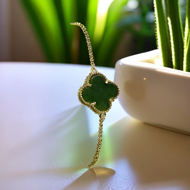 【久寻珠宝】天然和田碧玉925银四叶草手链 拍一发一多样性发