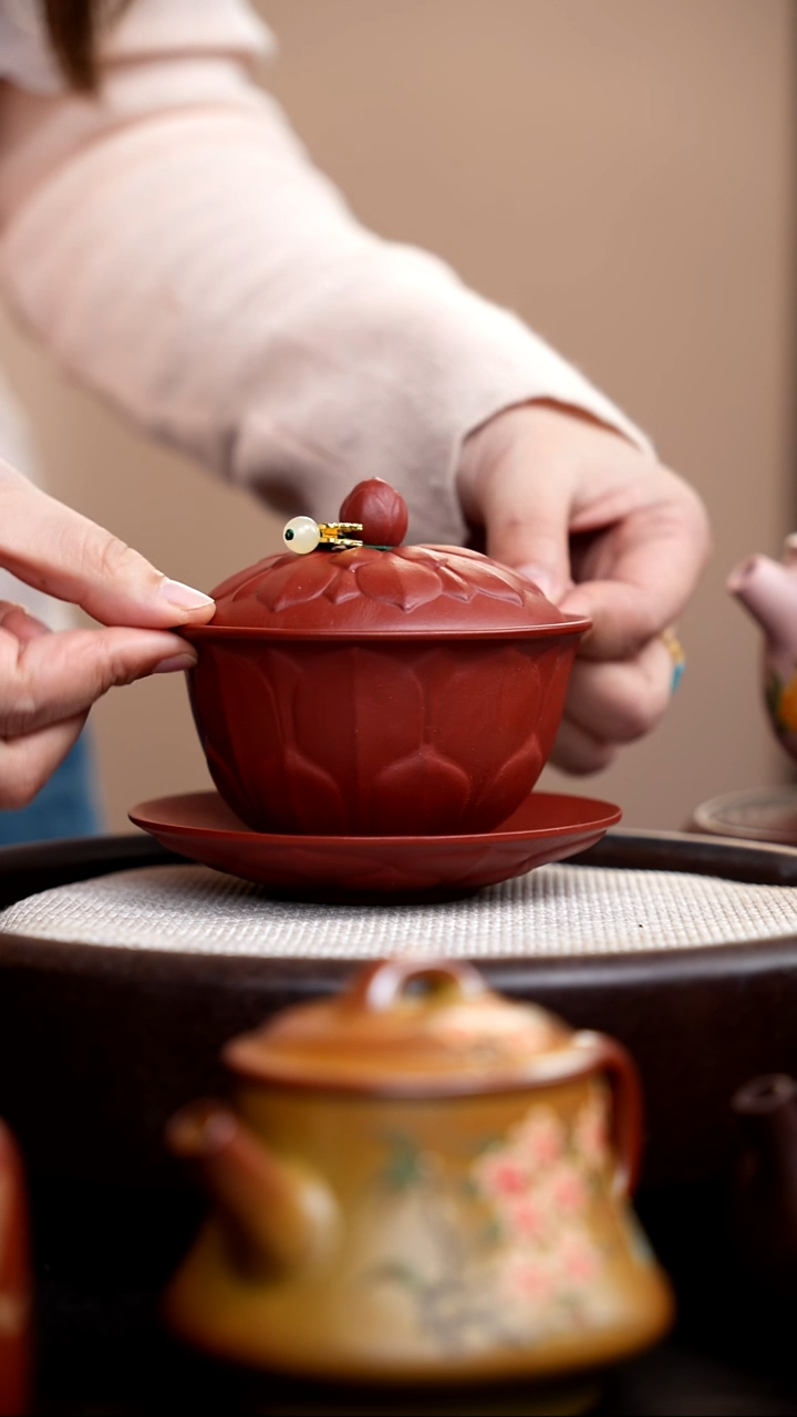 茶壶紫砂朱泥莲花三才盖碗