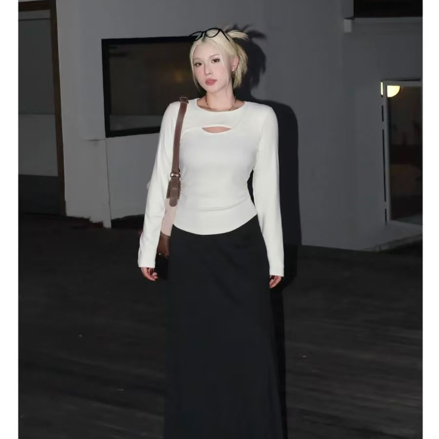 新秋冬上衣女装纯色简约款打底衫镂空设计小众圆领百搭显瘦-3362