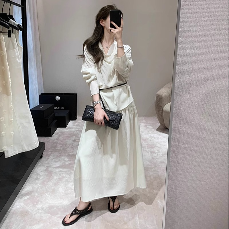 杏色法式堆堆领衬衣+长款半身裙套装2025年春季