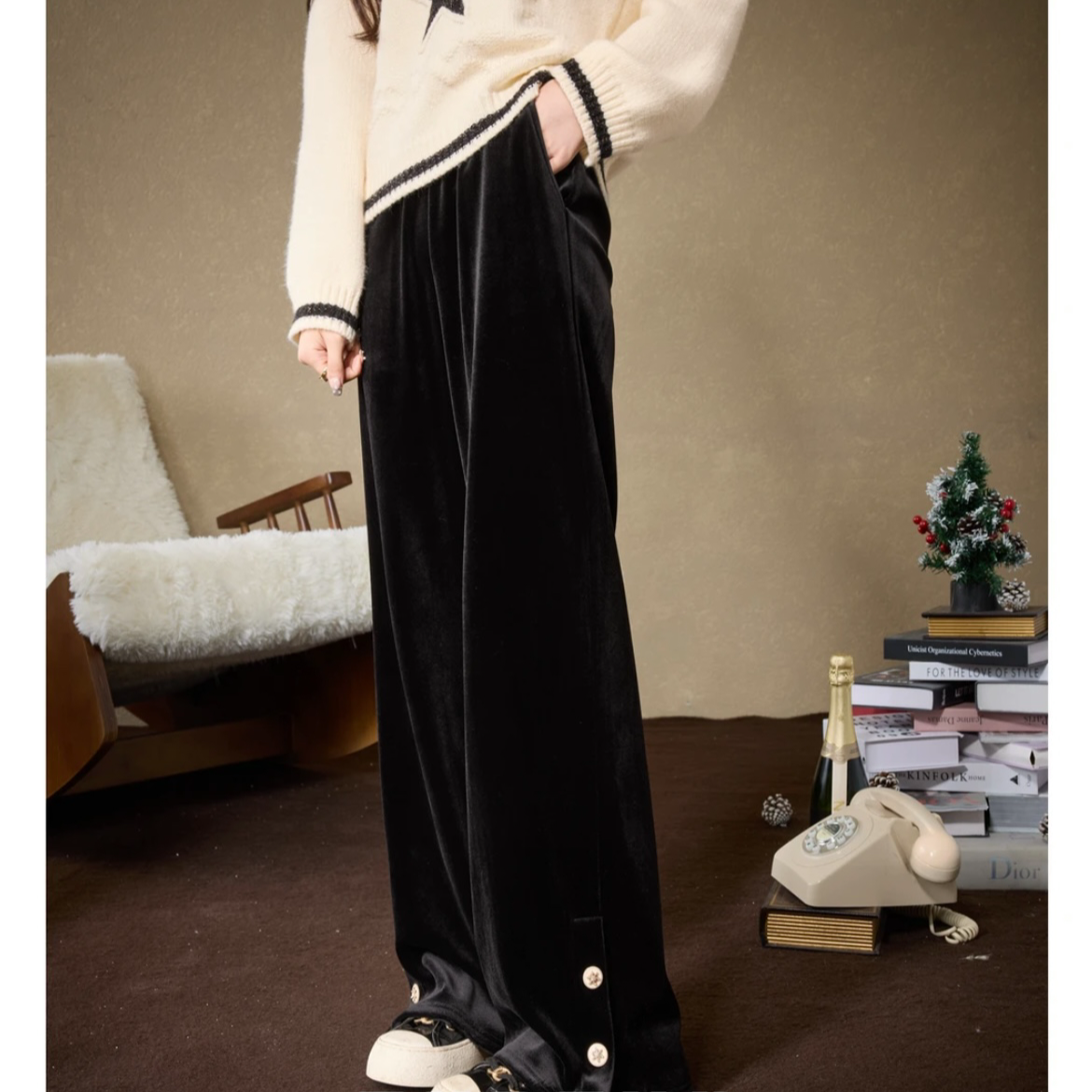 12月15号上新【德芙裤 黑色】雪花点缀 丝绒感松紧腰阔腿裤