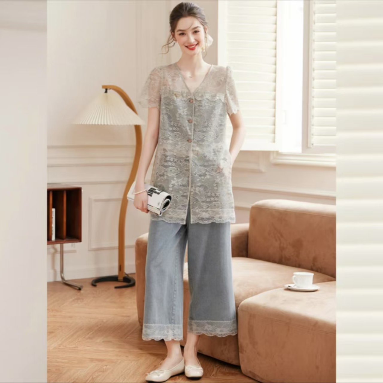 【商场同款新品】复古上衣牛仔裤子女式套装
