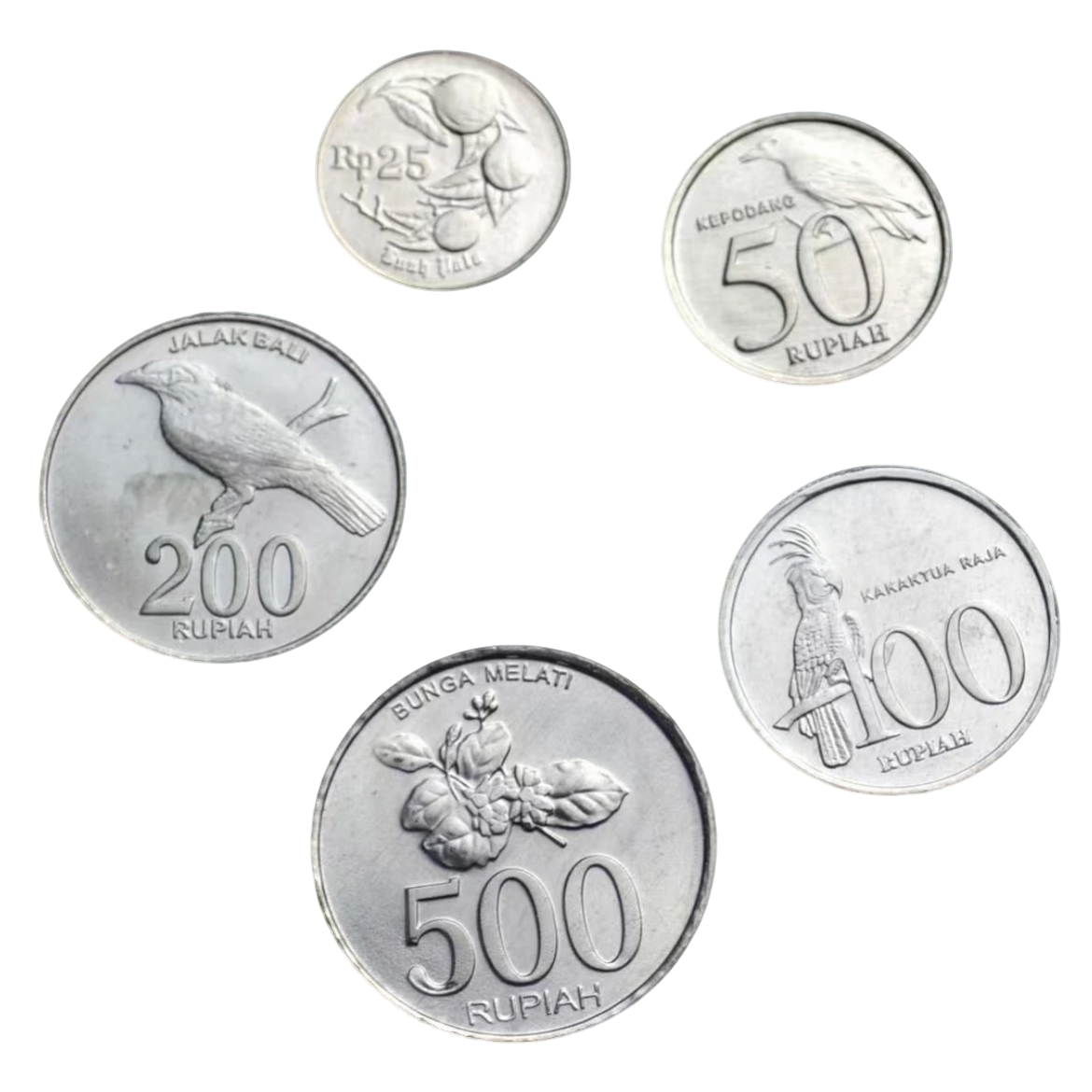 全新 印尼全套5枚硬币 花鸟版 （25，50，100，200，500卢比）外国钱币