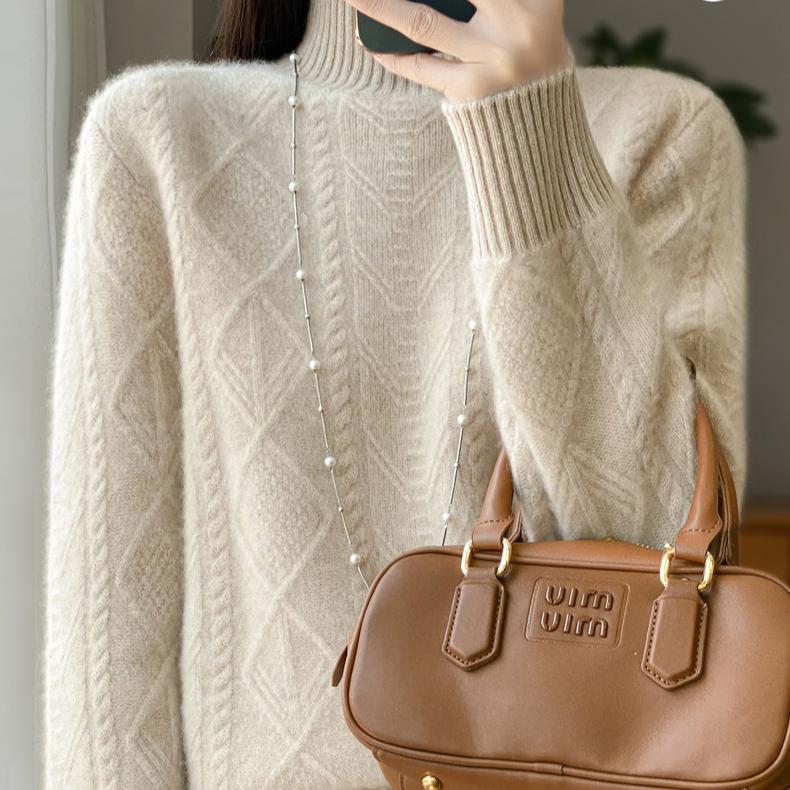 100纯羊毛加厚菱形半高针织上衣扭花时尚D315