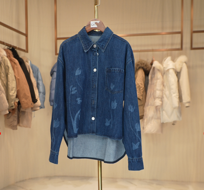 E038 E系列前短后长印花设计长袖水洗牛仔衬衫 C0035