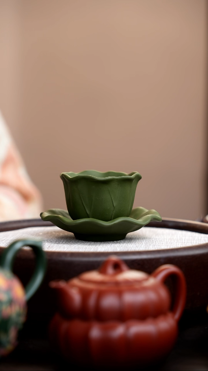茶壶紫砂民国绿荷叶主人杯+碟