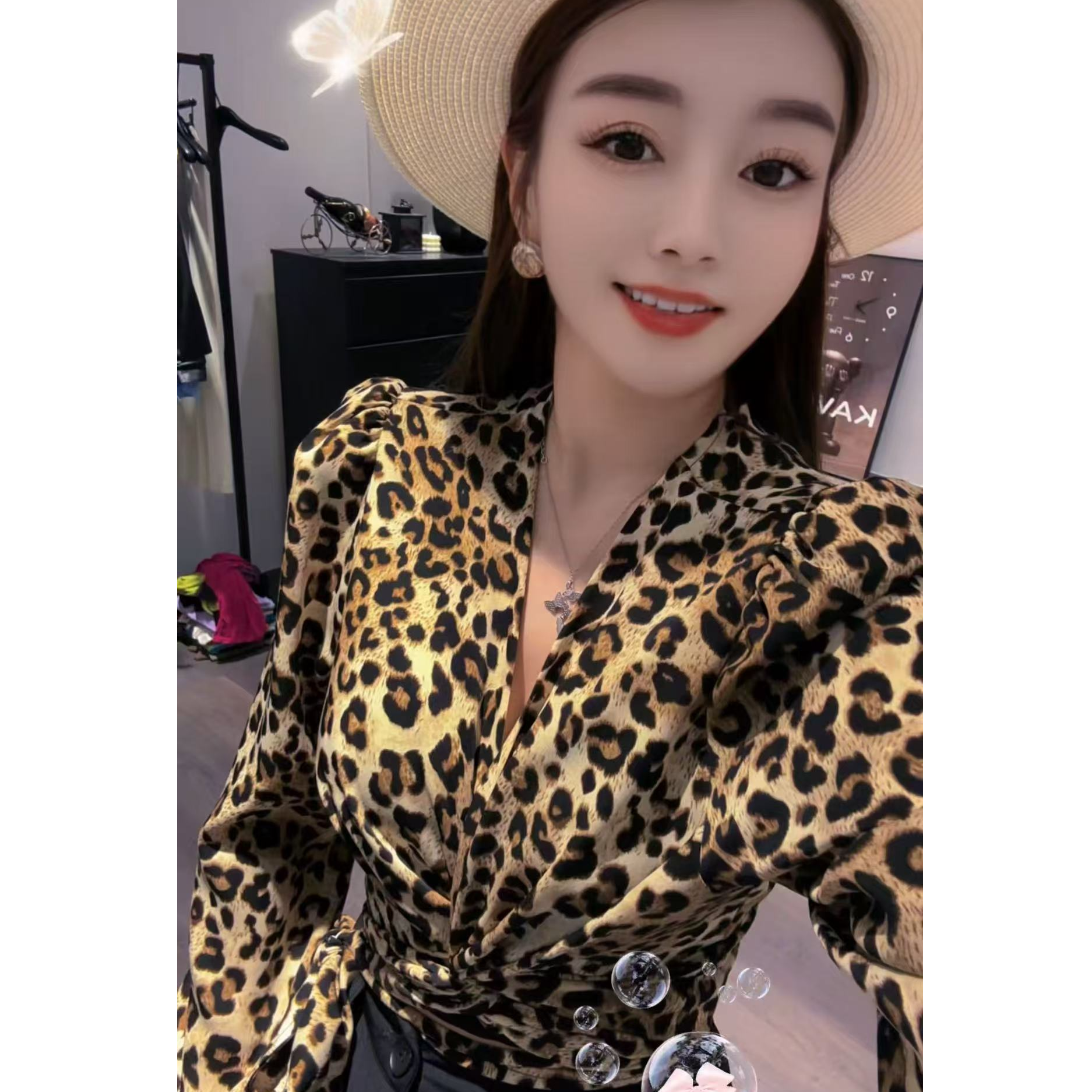 豹纹春季常规薄款通勤长袖衬衫外套气质洋气印花收腰女装上衣