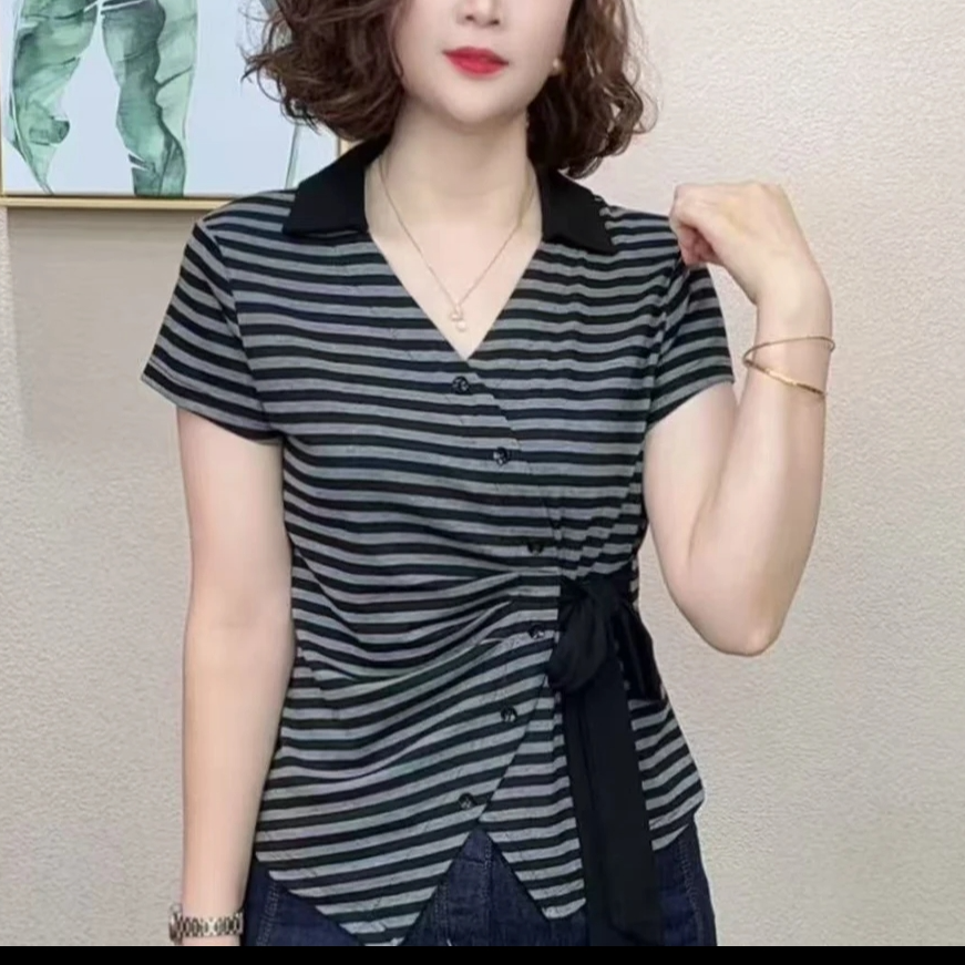 气质V领设计感短袖T恤夏季新款纯色百搭显瘦I减龄时尚洋气女上衣