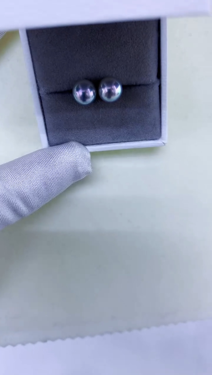 18K金镶嵌DA海水珍珠 灰珠素钉8-9MM X008