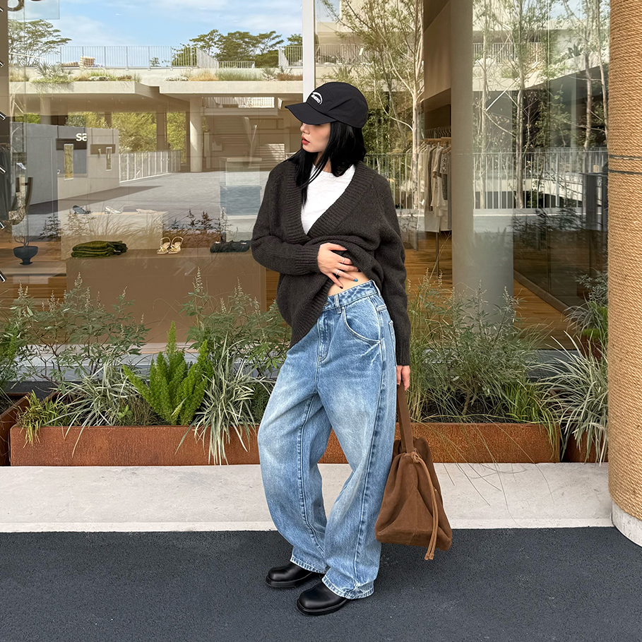 【清】IN choose u笑笑家2025冬季加绒厚款洗水直筒牛仔裤长裤89918