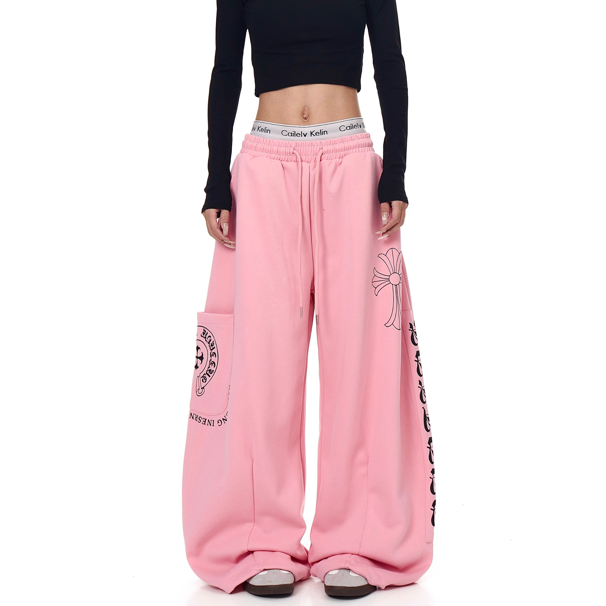 美式复古字母印花弯刀休闲卫裤男女爵士舞春秋新款街舞宽松阔腿裤